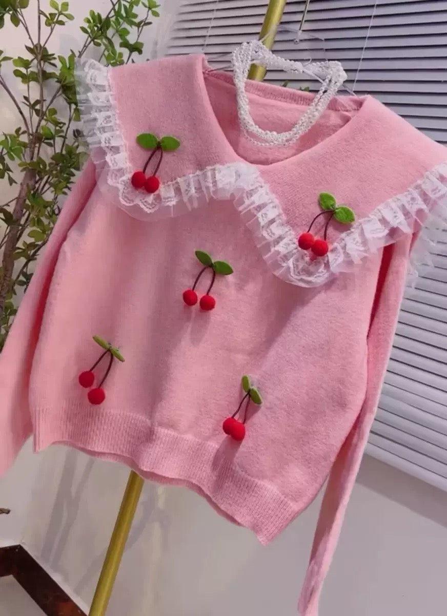 Lazy style cherry sweater for women in autumn and winter new loose style contrasting color lace stitching doll collar pullover sweater T9399