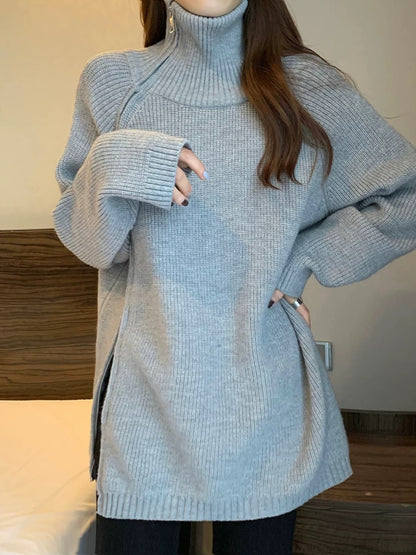Plus size women's fat women's lazy style loose side zipper turtleneck sweater top women's autumn mid-length long-sleeved sweater