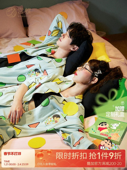 Gongdie [Light and Soft] Crayon Shin-chan Couple Pajamas Women's Antibacterial Cotton Long Sleeve Men's Spring and Autumn Home Clothes