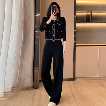 Xiaoxiangfeng Knitted Suit Women's 2023 Autumn and Winter New High-end Celebrity Style Short Jacket Wide-leg Pants Two-piece Set(V6613)