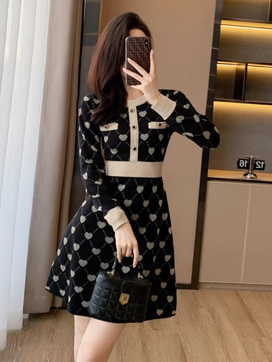 2023 new autumn and winter high-end small fragrance knitted dress women's mid-length slim temperament A-line sweater dress (B8914)