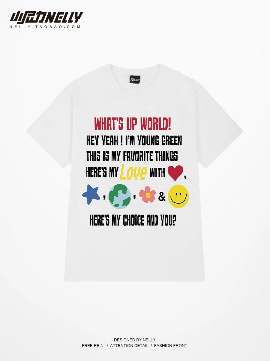 Cute cartoon letter print short-sleeved T-shirt for men and women loose summer heavy cotton design trendy tops