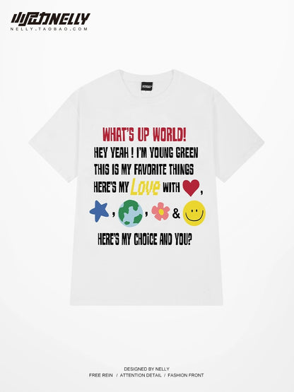Cute cartoon letter print short-sleeved T-shirt for men and women loose summer heavy cotton design trendy tops