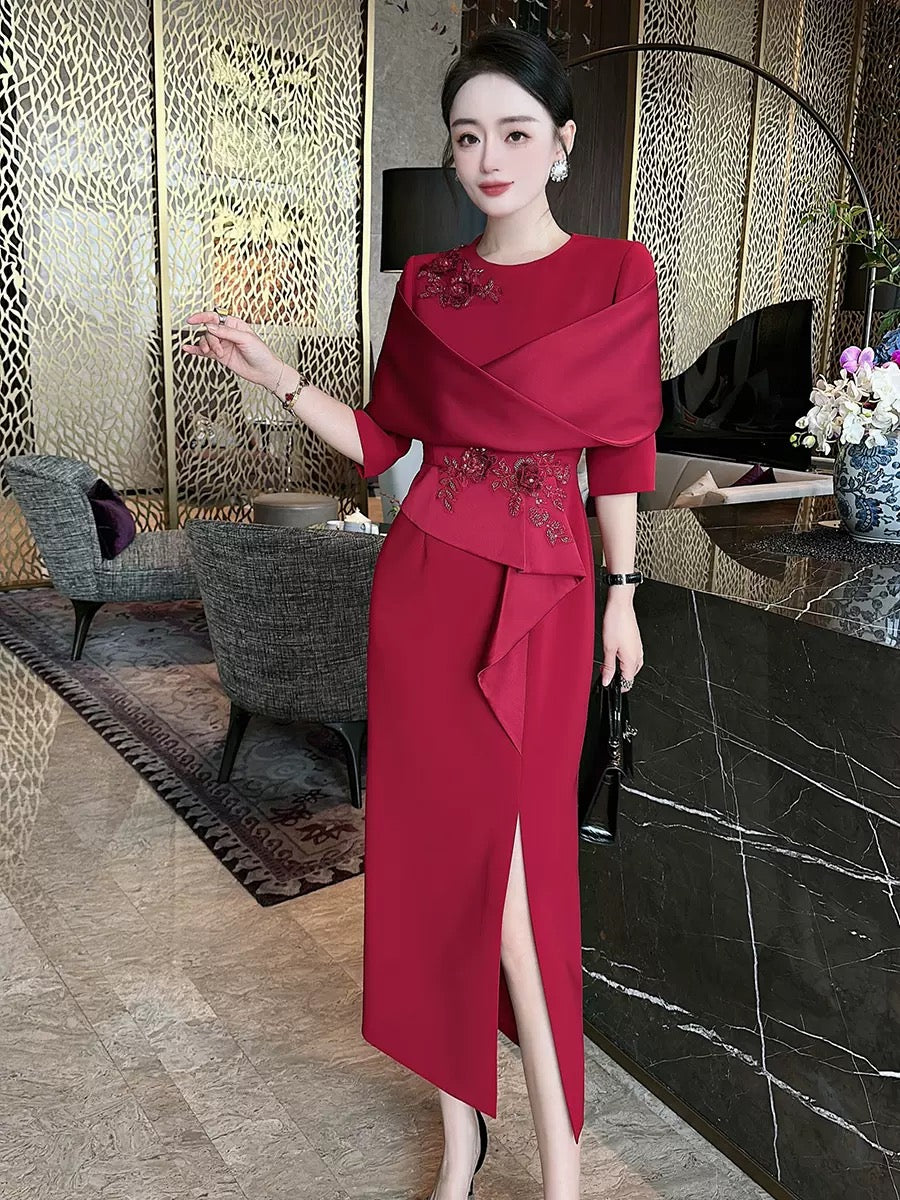 2023 Autumn and Winter Heavy Industry Embroidered Beaded Red Wedding Banquet Red Dress Dress Western Fashion Slim Dress
