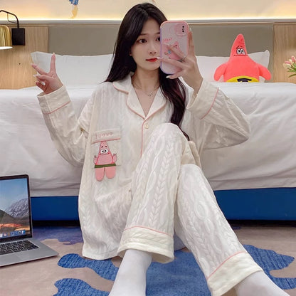 Pajamas women summer cardigan long-sleeved trousers suit summer ladies 2024 new cartoon spring autumn winter home clothes