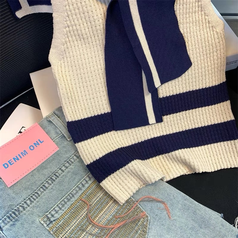 French Navy Collar Knitted Vest Women 2023 Summer Slim Slim Sleeveless T-shirt Small Fragrance Apricot Color Digging Shoulder Top