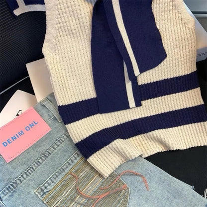French Navy Collar Knitted Vest Women 2023 Summer Slim Slim Sleeveless T-shirt Small Fragrance Apricot Color Digging Shoulder Top