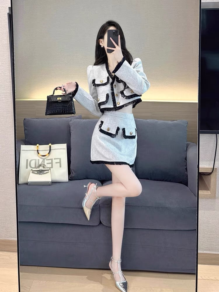 Xiaoxiangfeng Suit 2023 Autumn New High-end Small French Style Socialite A-Line Skirt Two-piece Set for Women (S4449)