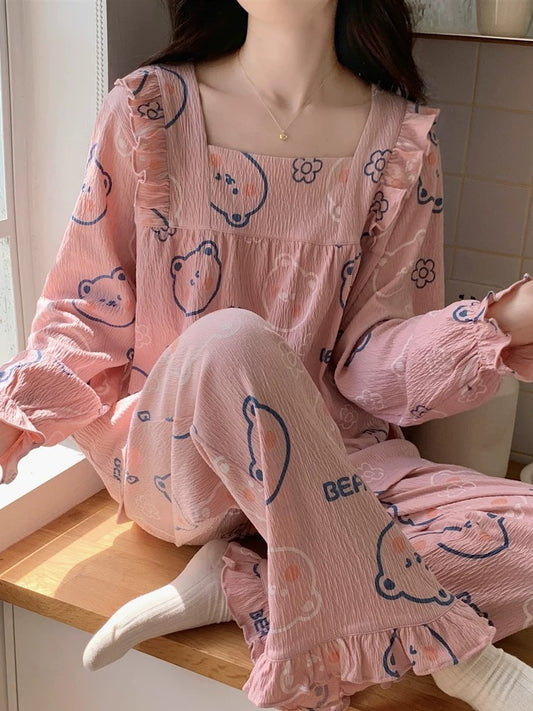 "Wrinkled cotton" pajamas for women, spring and autumn long-sleeved 2023 new bean paste pink bear home wear set