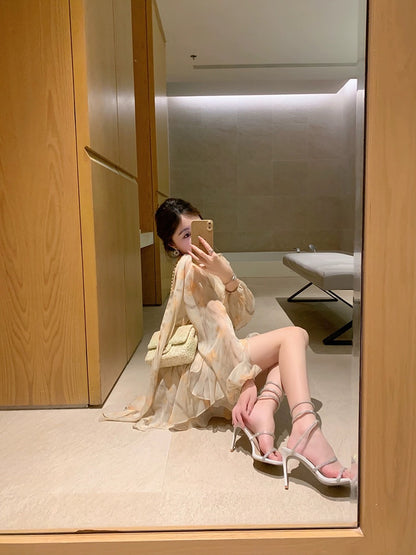 ByYou spring and summer long-sleeved v-neck puff-sleeved chiffon yellow floral dress with waist and irregular fairy skirt