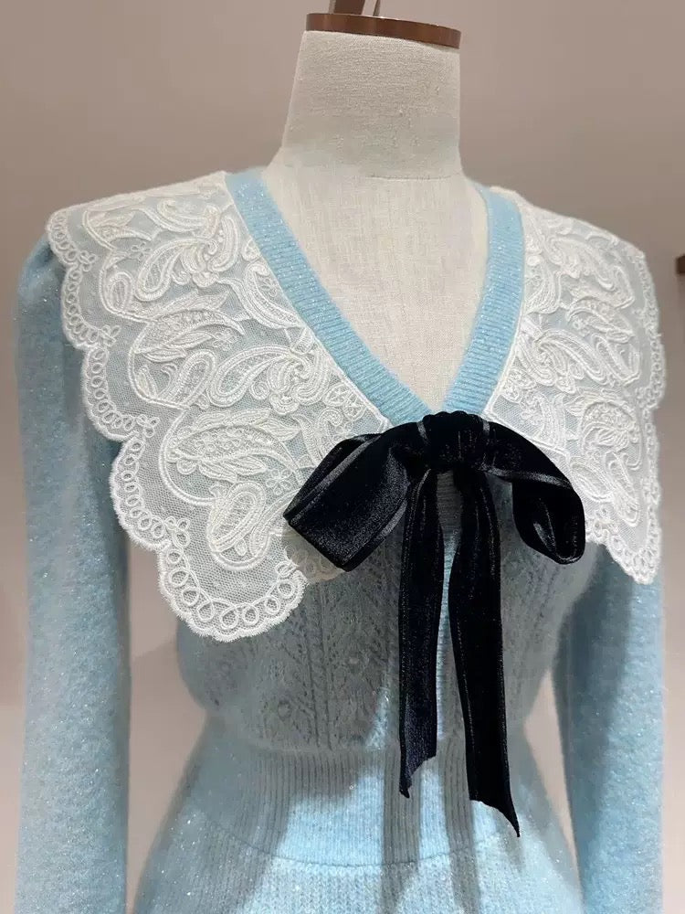 Buyer store design small fragrant knitted dress women's autumn and winter new style doll collar bow waist small skirt T9793