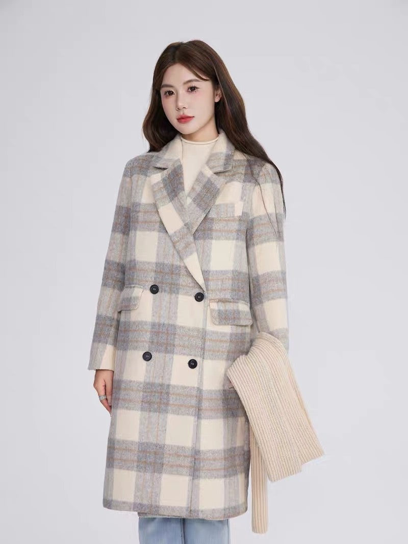 Volstagg plaid woolen coat for women autumn and winter Korean casual high-end temperament mid-length woolen coat