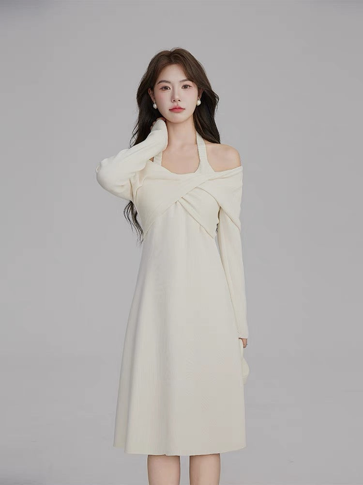 Volstagg white knitted halterneck dress women's autumn French off-shoulder two-wear inner bottoming mid-length skirt