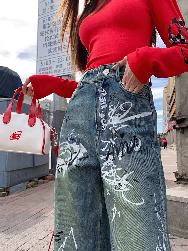 Earth Store Heavy Industry Graffiti Retro Washed Distressed Jeans Women's Autumn Tall and Slim Loose High-waisted Wide-leg Pants