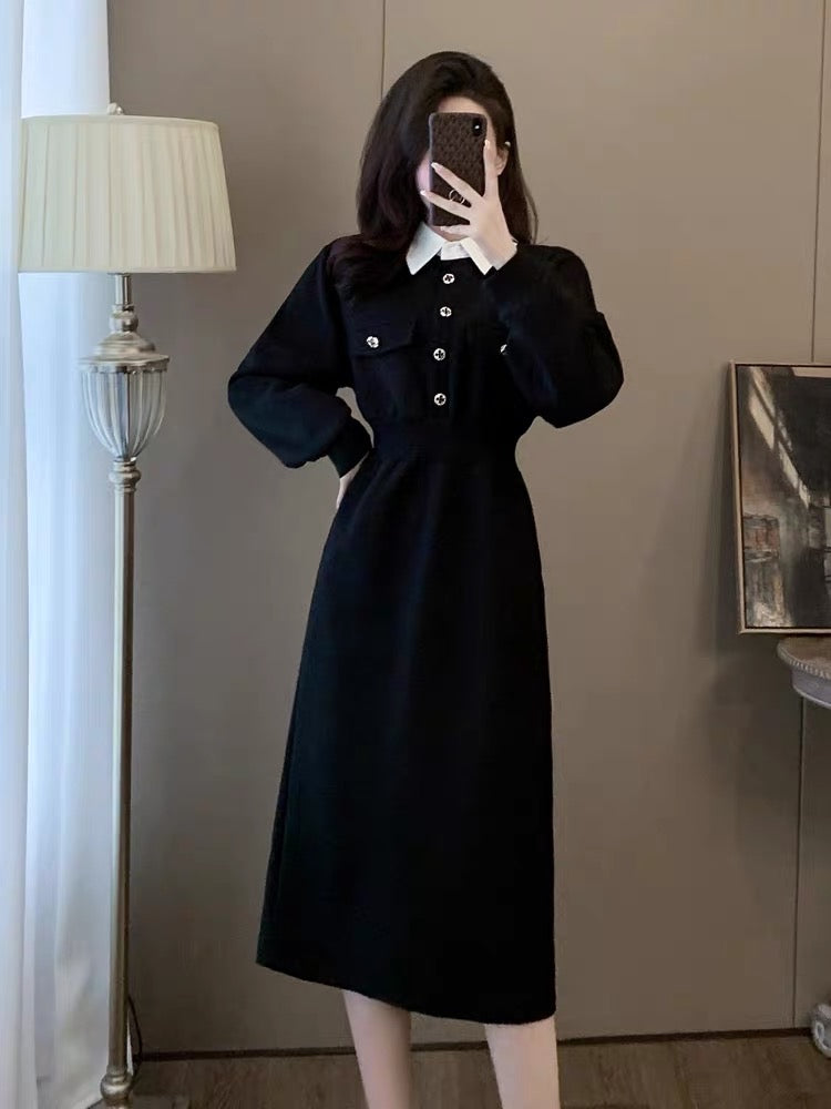French style dress for women 2023 autumn and winter new black waist slimming POLO collar high-end sweatshirt skirt