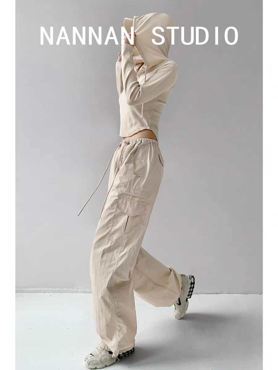 American hottie drawstring low-waist overalls for women in autumn loose pockets and leg-tie paratrooper pants quick-drying sports wide-leg pants (S0825)