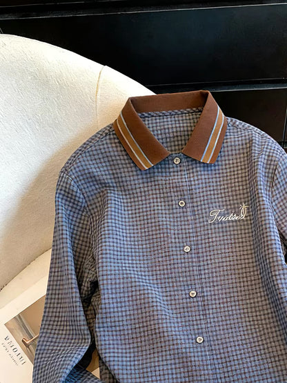 Unisex Retro Color-Block Plaid-Panel Polo-Collar Shirt – Korean-Style Casual Single-Breasted Top (Spring/Autumn)