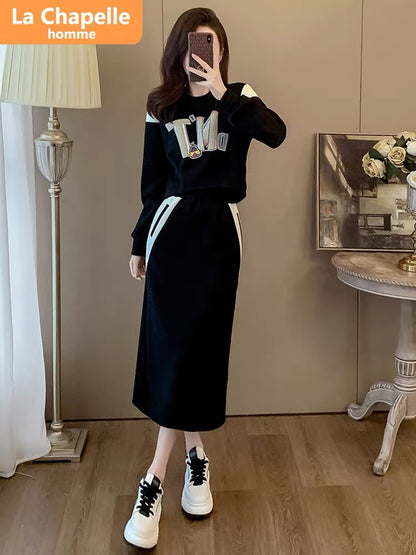 La Chapelle casual sports suit skirt women's autumn and winter 2023 new fashionable style sweatshirt two-piece set plus velvet