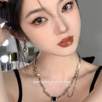 YIcheon Irregular Pearl Square Pendant Black Personality Chain Stitching Tassel Necklace C42