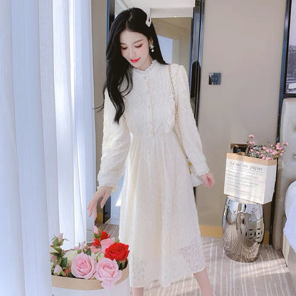 Women's autumn and winter 2023 new mid-length inner skirt with coat and velvet thickened lace bottoming dress (D4443)