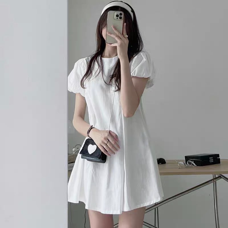 Korean chic summer simple niche round neck pleats loose puff sleeves small A word short dress female