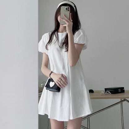 Korean chic summer simple niche round neck pleats loose puff sleeves small A word short dress female
