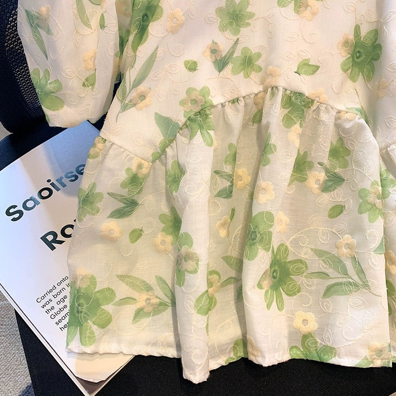 Floral sweet square collar puff sleeve shirt women's summer new design niche French style super fairy short sleeve top trend
