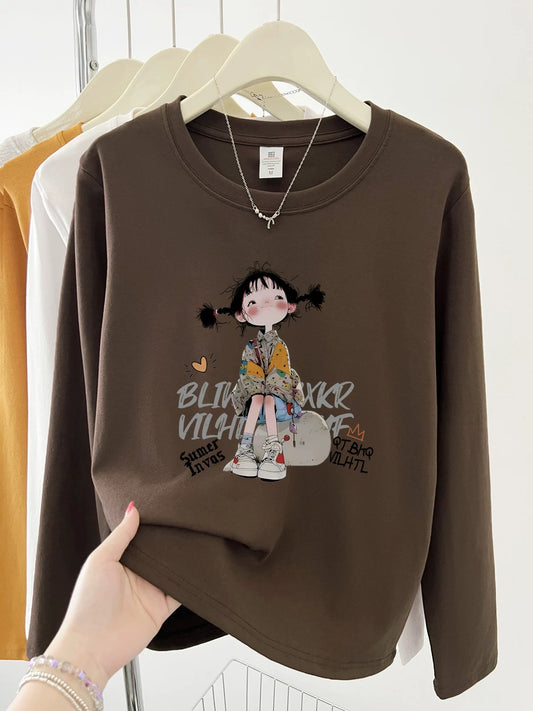 2025 Early Autumn New Style Bottoming Shirt Western Style Straight Shoulder Women's Long Sleeve T-shirt Round Neck College Style Letter Printed Top