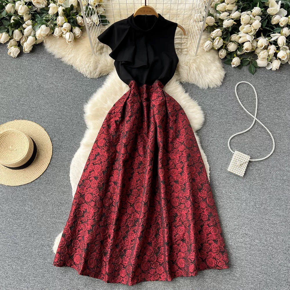 New spring design ruffle sleeveless stitching high waist three-dimensional flower embroidery temperament small fresh dress