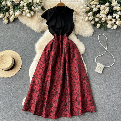 New spring design ruffle sleeveless stitching high waist three-dimensional flower embroidery temperament small fresh dress