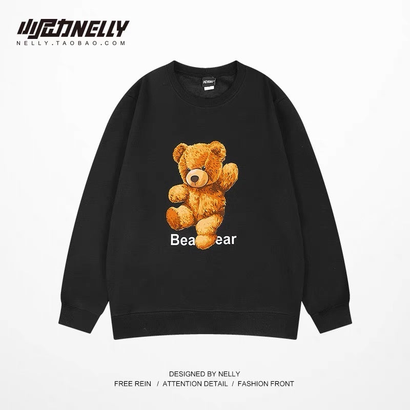 ins sweatshirt men's spring and autumn loose trendy brand ins bear print round neck men's autumn tops bf style