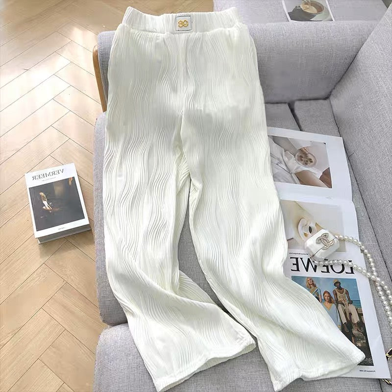 YLSZ customization ~ white wide-leg pants summer high-waist elastic drape water ripple straight nine-point casual pants ice silk (P124)