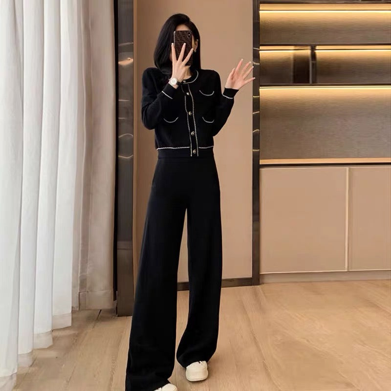 Xiaoxiangfeng Knitted Suit Women's 2023 Autumn and Winter New High-end Celebrity Style Short Jacket Wide-leg Pants Two-piece Set(V6613)