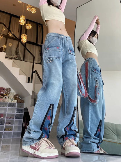 High Street Hot Girl Workwear Jeans Women's Summer Loose Slim Versatile Pants Multi-zipper Printed Straight Pants Trendy