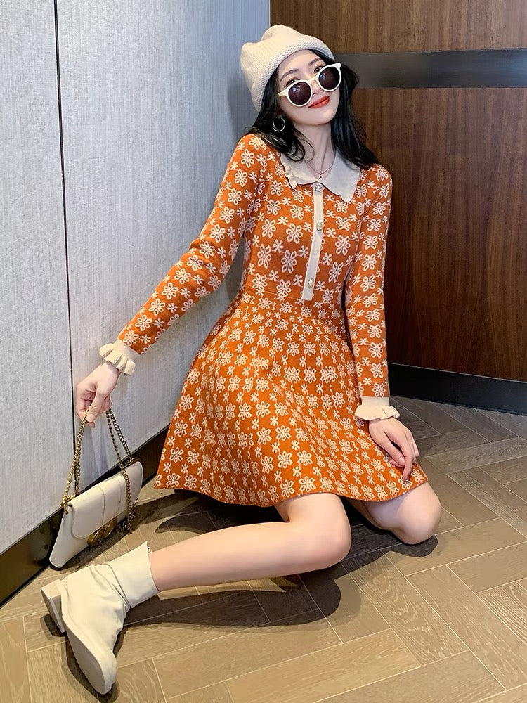 Celebrities' same knitted skirt 2023 new autumn women's doll collar long-sleeved temperament slimming bottoming dress (V5515)