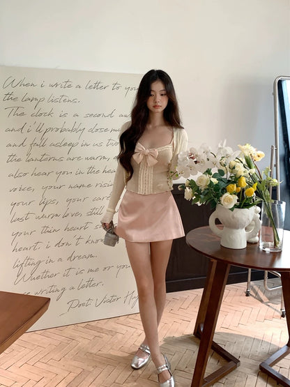 Full set 3 pieces Lay an Egg Meow Satin glossy fashionable temperament versatile and stylish button-decorated solid color A-line skirt