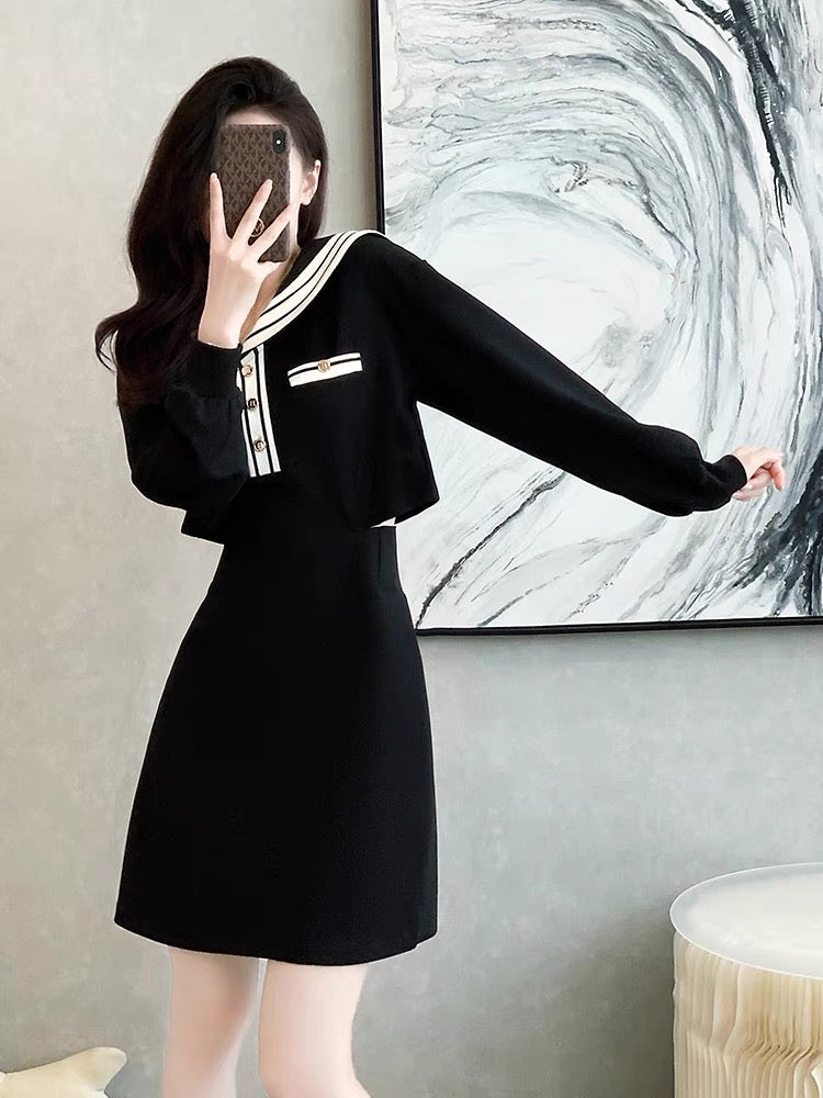 Fashionable, casual, simple, comfortable and breathable dress for women 2023 autumn new model with exposed waist design and drapey skirt D5578