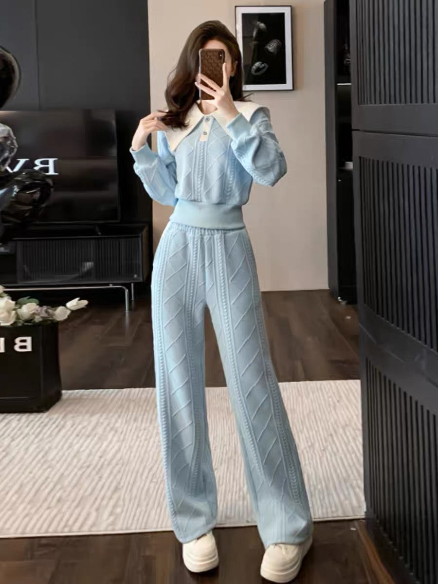 2023 autumn and winter new sweet and stylish large lapel contrasting color short top twist braided slim straight trousers suit (V6614)