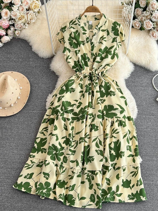 High-grade light luxury temperament flying sleeves V-neck waist slimming A-line ruffled print dress elegant long skirt