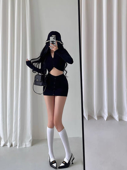 YoungGirlDay hot girl style sexy short long-sleeved cardigan single-breasted cuffed hip-covering short skirt knitted suit (B1816)