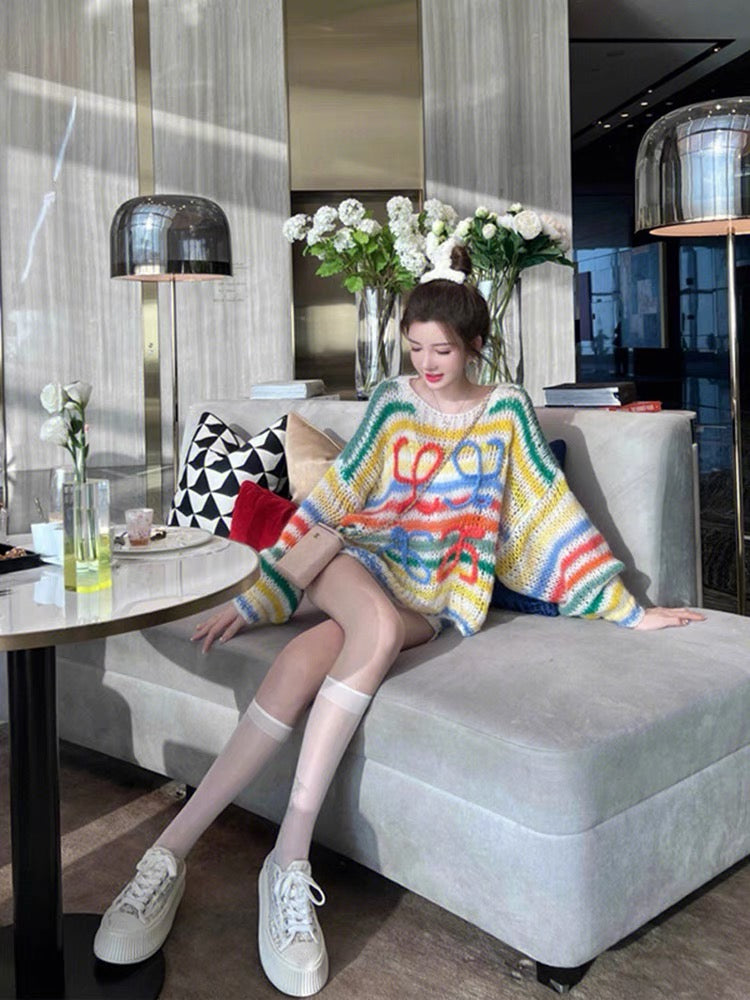 HyunA style hollow rainbow striped round neck sweater for women autumn and winter 2023 new loose lazy style soft waxy sweater V1147