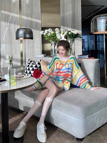HyunA style hollow rainbow striped round neck sweater for women autumn and winter 2023 new loose lazy style soft waxy sweater V1147