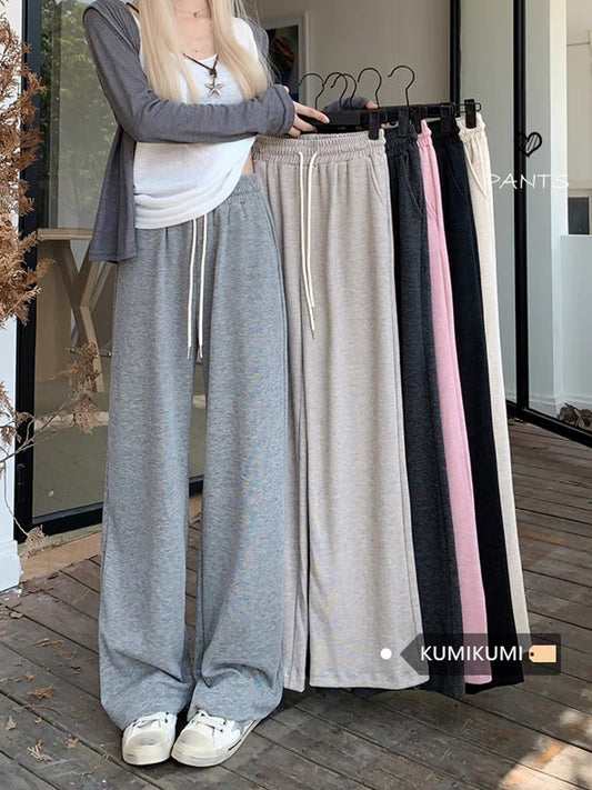 kumikumi gray casual pants for women in autumn and winter plus velvet slimming wide-leg pants straight trousers drawstring pants glutinous rice pants (B2345)