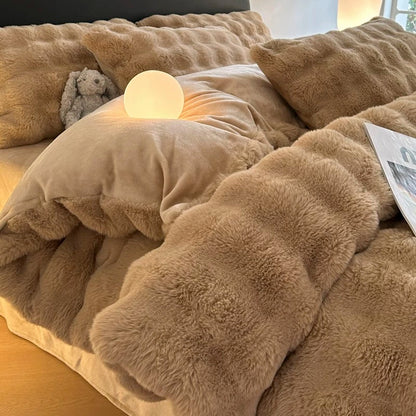Winter rabbit fur milk velvet quilt 200x230 simple quilt cover coral flannel 2 meters four-piece set