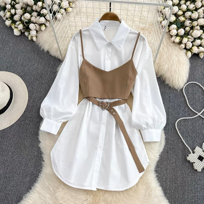 2023 new autumn style retro Hong Kong style waist slimming white shirt dress two-piece camisole set