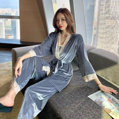 Autumn and winter pajamas women's three-piece sexy lace plus size plus size can be worn outside suspender nightgown gold velvet home clothes