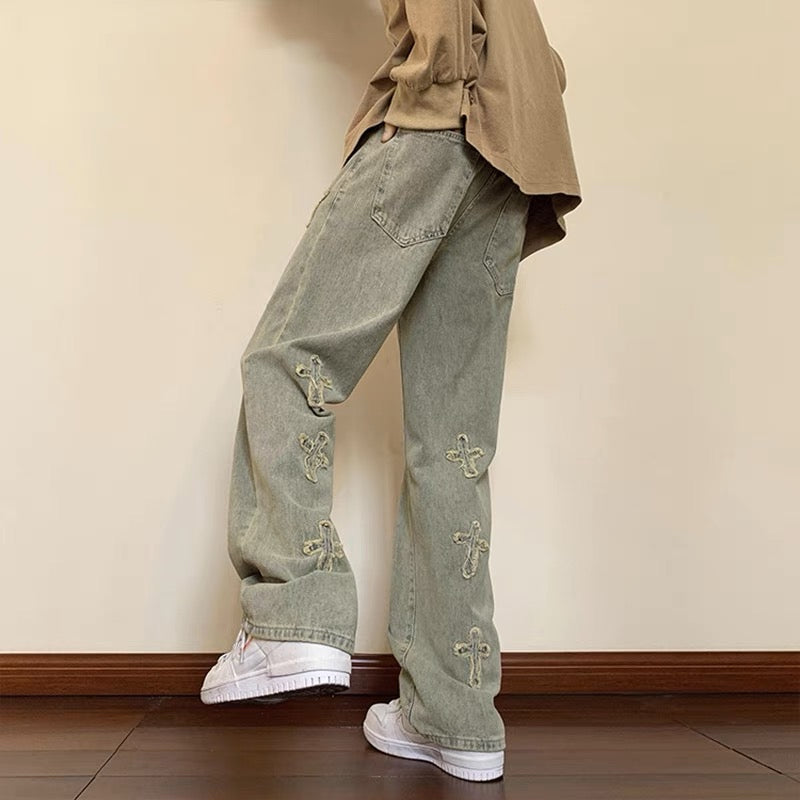 European and American high street vibe pants men's niche design sense American style yellow mud dyed jeans embroidery micro-launched straight-leg pants tide