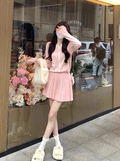 Autumn wear a complete set of pink milk sweater cardigan pleated skirt suit female niche gentle temperament two-piece set