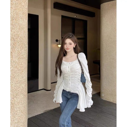 French temperament is unique and chic sexy off-the-shoulder top high-end slim long-sleeved white shirt women's early spring and autumn