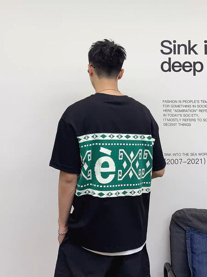 Xu Tailang contrast color Fair Isle printed short-sleeved T-shirt men's summer trendy brand plus size men's quarter-sleeved T-shirt top
